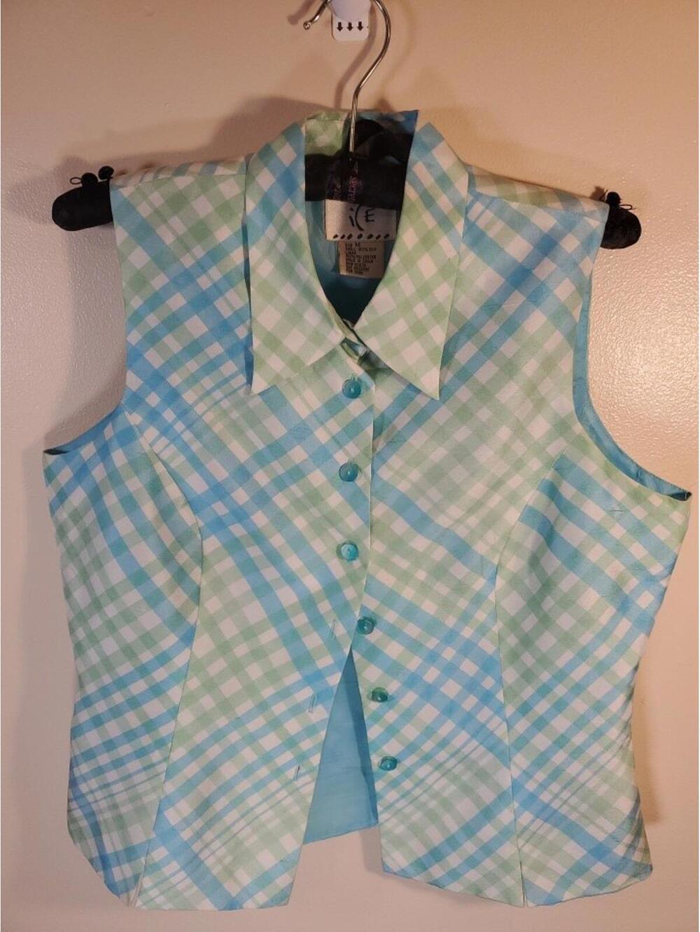 ICE Women's Sleeveless 100% Silk Collared Button Up Shirt Green,Blue, White Sz M